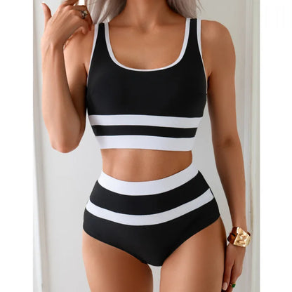 Block Color High Waist Bikini Set